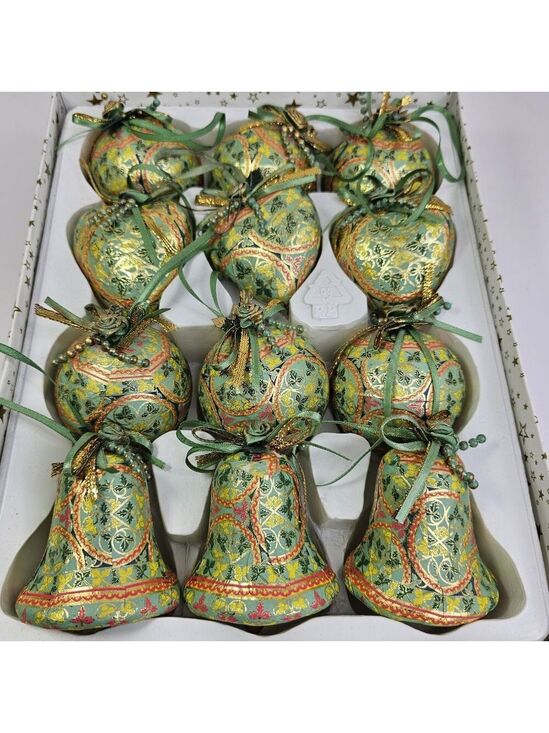 Unbranded Other - Christmas Ornament Set Paper Mache Bell, Round, And Hearts 12pcs Gold Green Etc